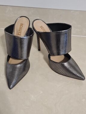 SCHUTZ - Never Worn - Metallic Gunmetal Pointed-Toe Mule Heels